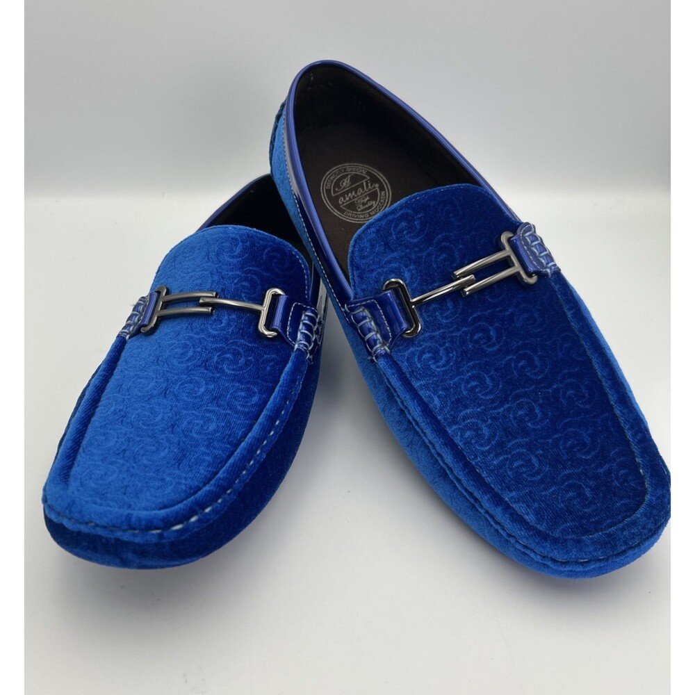 Amali Driving Moccasin Shoe Mens 9.5 Blue Velvet Swirl Design Bit Loafer Slip On